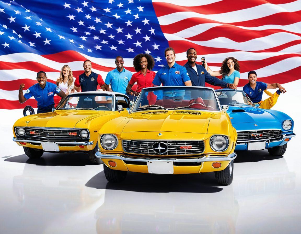 A diverse group of confident drivers smiling inside their cars, showcasing a variety of affordable vehicles. Iconic American symbols like the flag subtly integrated in the background, with visual representations of insurance policies and financial security elements. Bright sunny day, conveying a sense of freedom and positivity on the road. super-realistic. vibrant colors. white background.