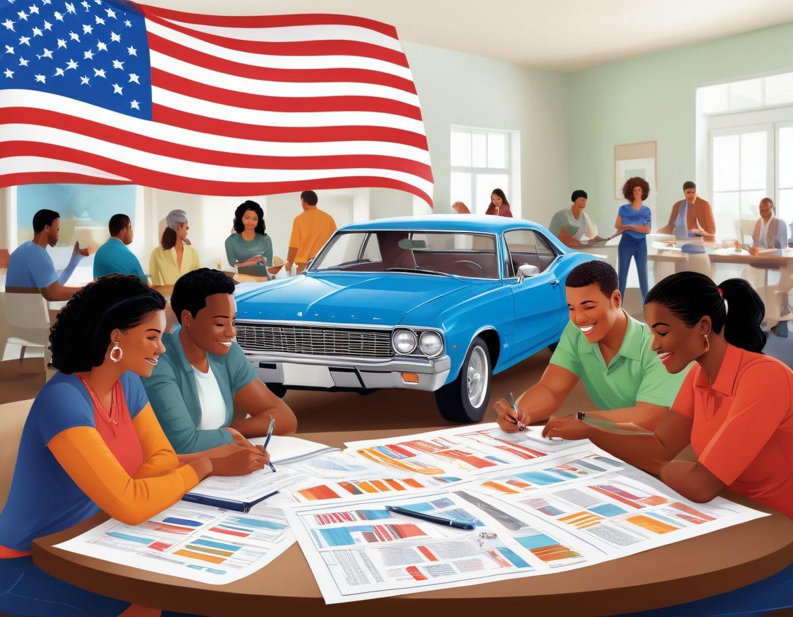 A vibrant, patriotic-themed scene featuring a diverse group of people examining car insurance papers against the backdrop of a stylized American flag. Visual elements include diverse vehicles, icons of common insurance terms, and an infographic highlighting key insurance tips. Emphasize a sense of community and informed decision-making. bright colors. vector art. dynamic composition.