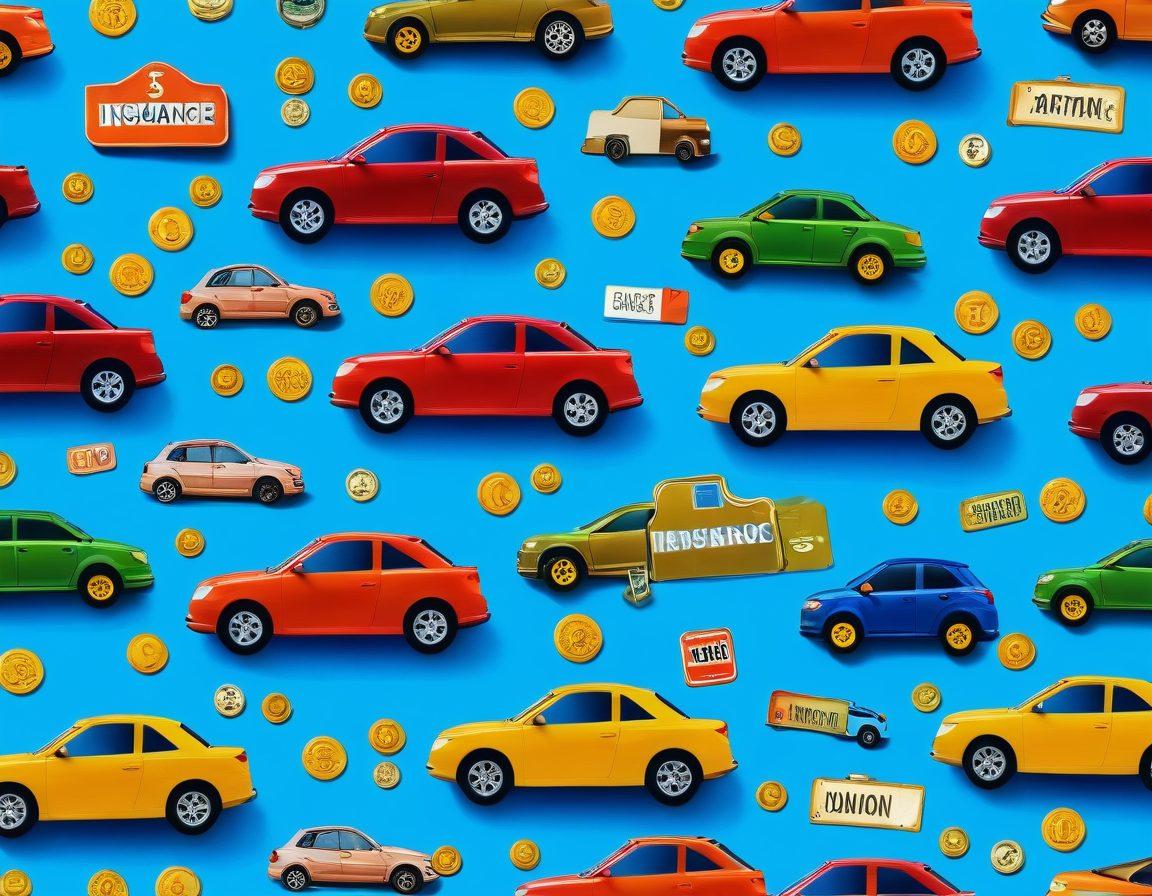 A collage of diverse cars surrounded by shields and dollar signs, symbolizing protection and savings on insurance. The background features a clear blue sky with a sun shining down, representing peace of mind. Include a checklist graphic with tips on finding cheap car insurance, and scattered coins symbolizing savings. Add a friendly insurance agent guiding a couple through the process. vibrant colors. super-realistic.